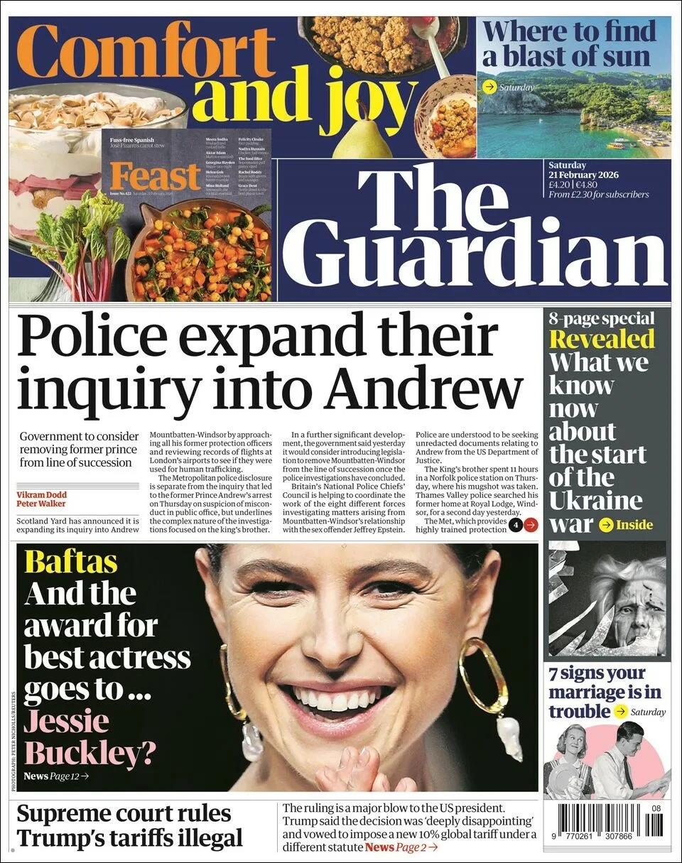 Portada de The Guardian (reino Unido) del sábado, 21 de febrero de 2026