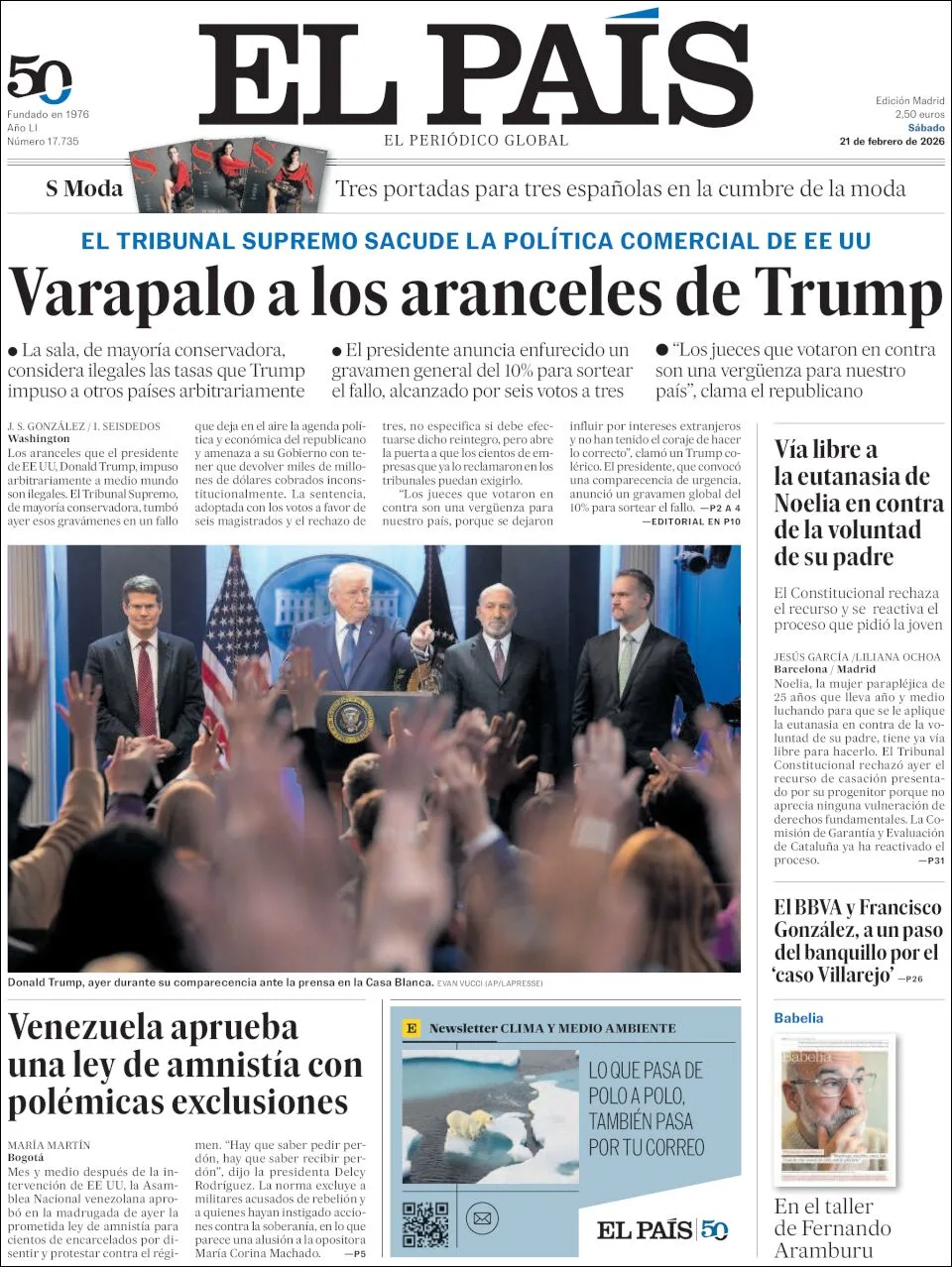 Portada de El Pais del sábado, 21 de febrero de 2026