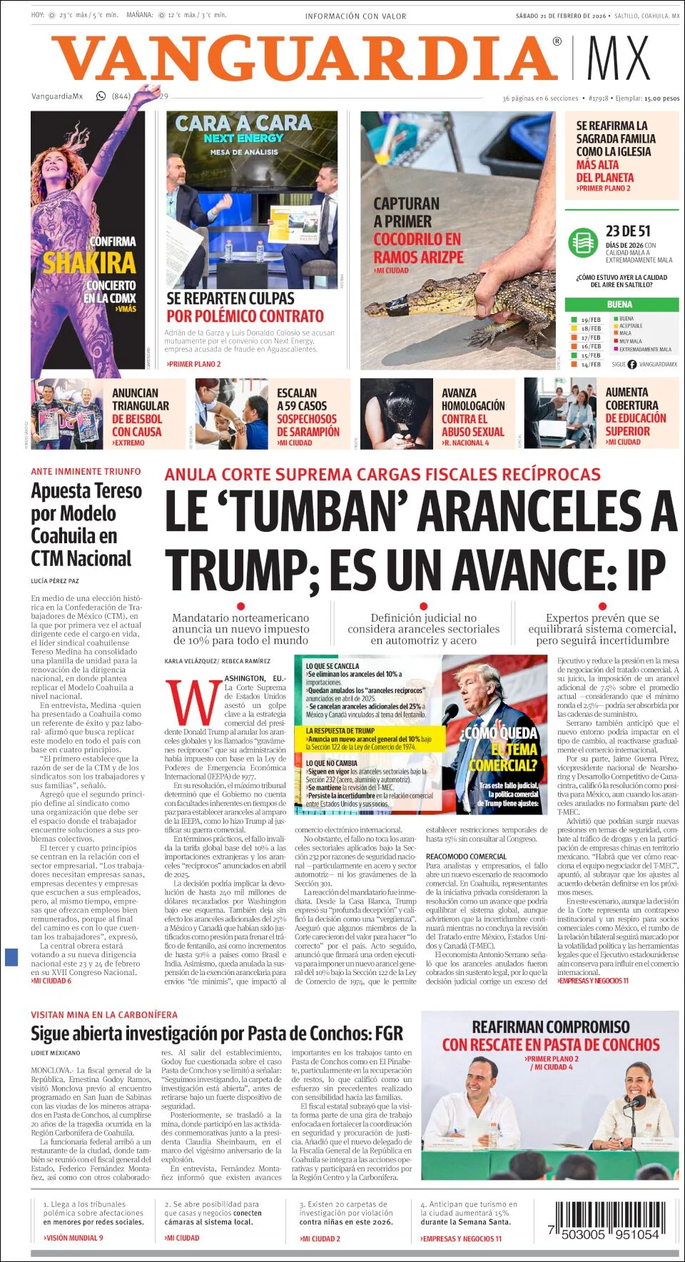 Portada de Vanguardia del sábado, 21 de febrero de 2026
