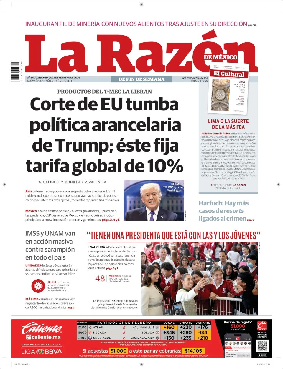 Portada de La Razon del sábado, 21 de febrero de 2026
