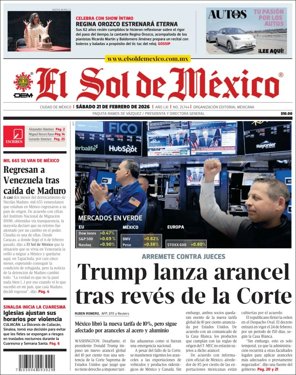 Portada de El Sol de Mexico del sábado, 21 de febrero de 2026