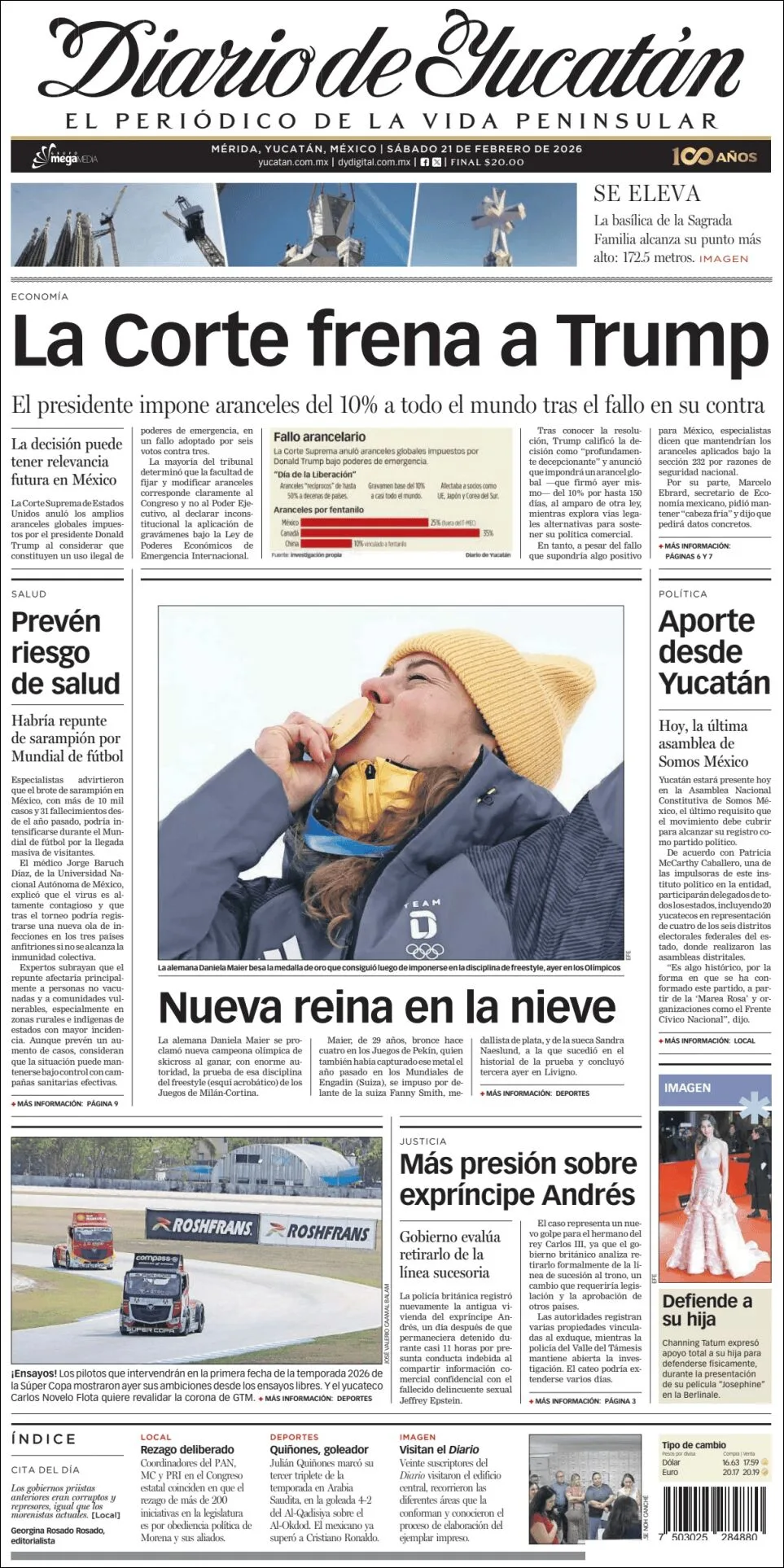 Portada de Diario de Yucatán del sábado, 21 de febrero de 2026