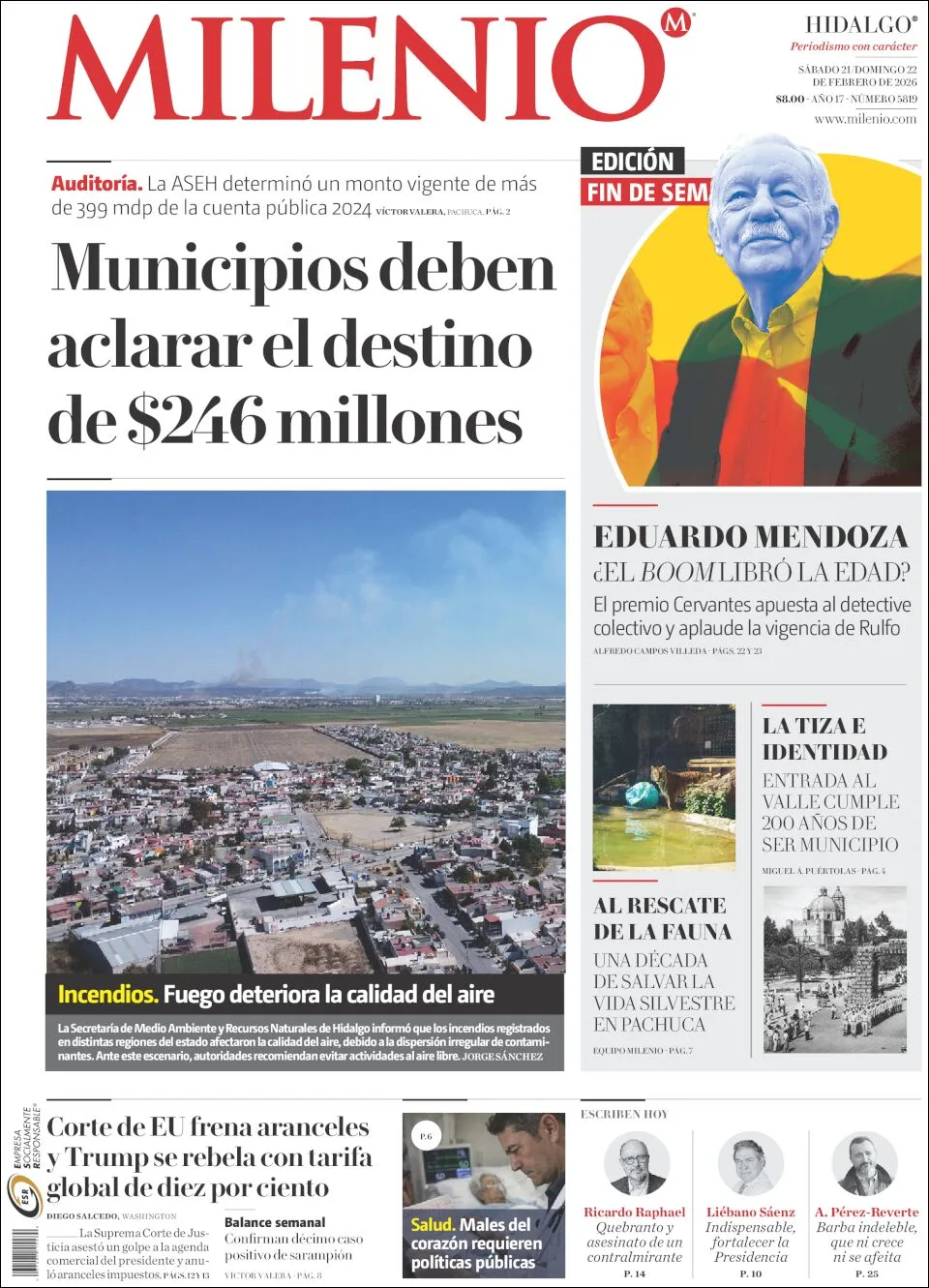 Portada de Milenio Hidalgo del sábado, 21 de febrero de 2026
