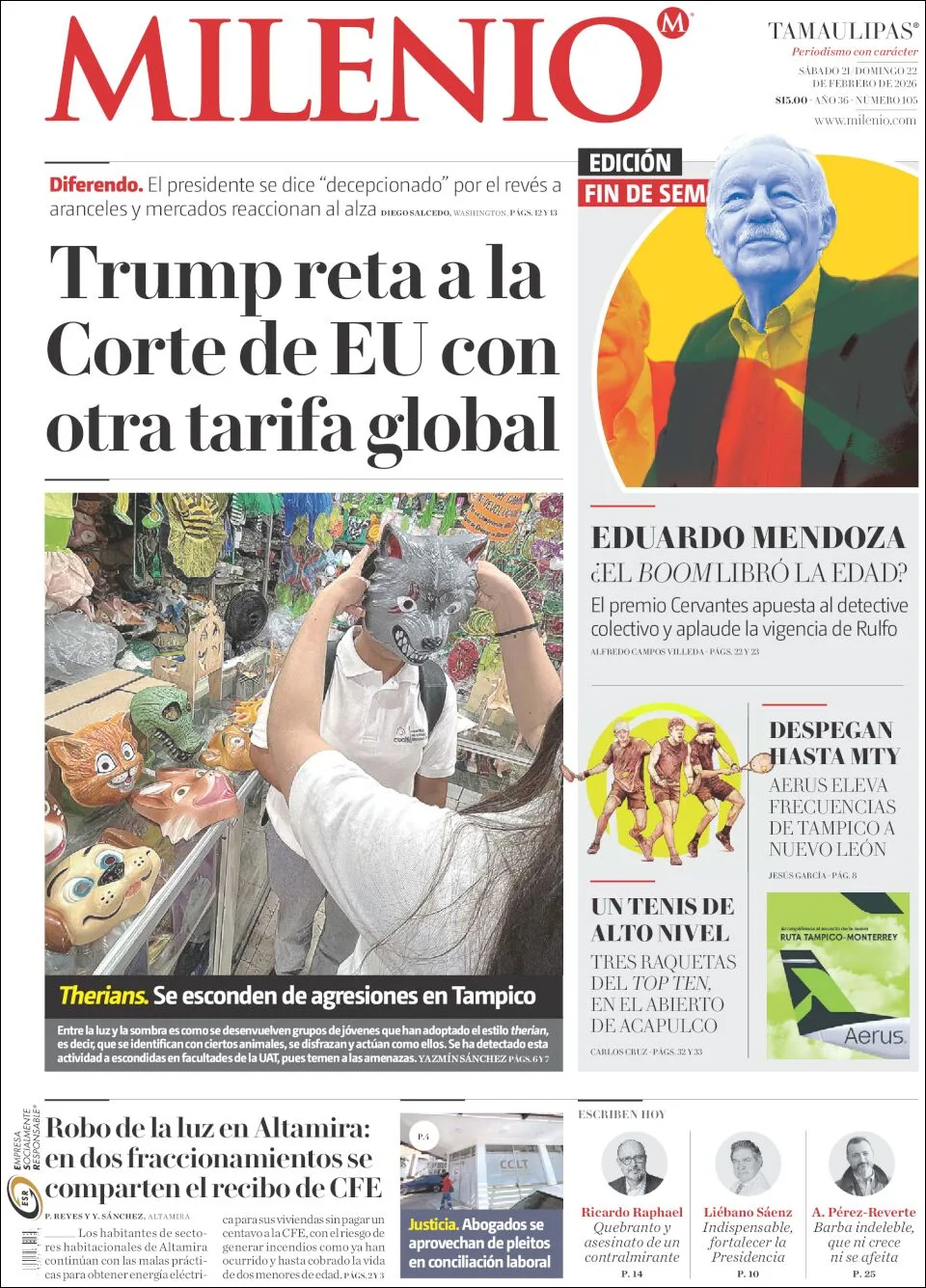 Portada de Milenio Tamaulipas del sábado, 21 de febrero de 2026
