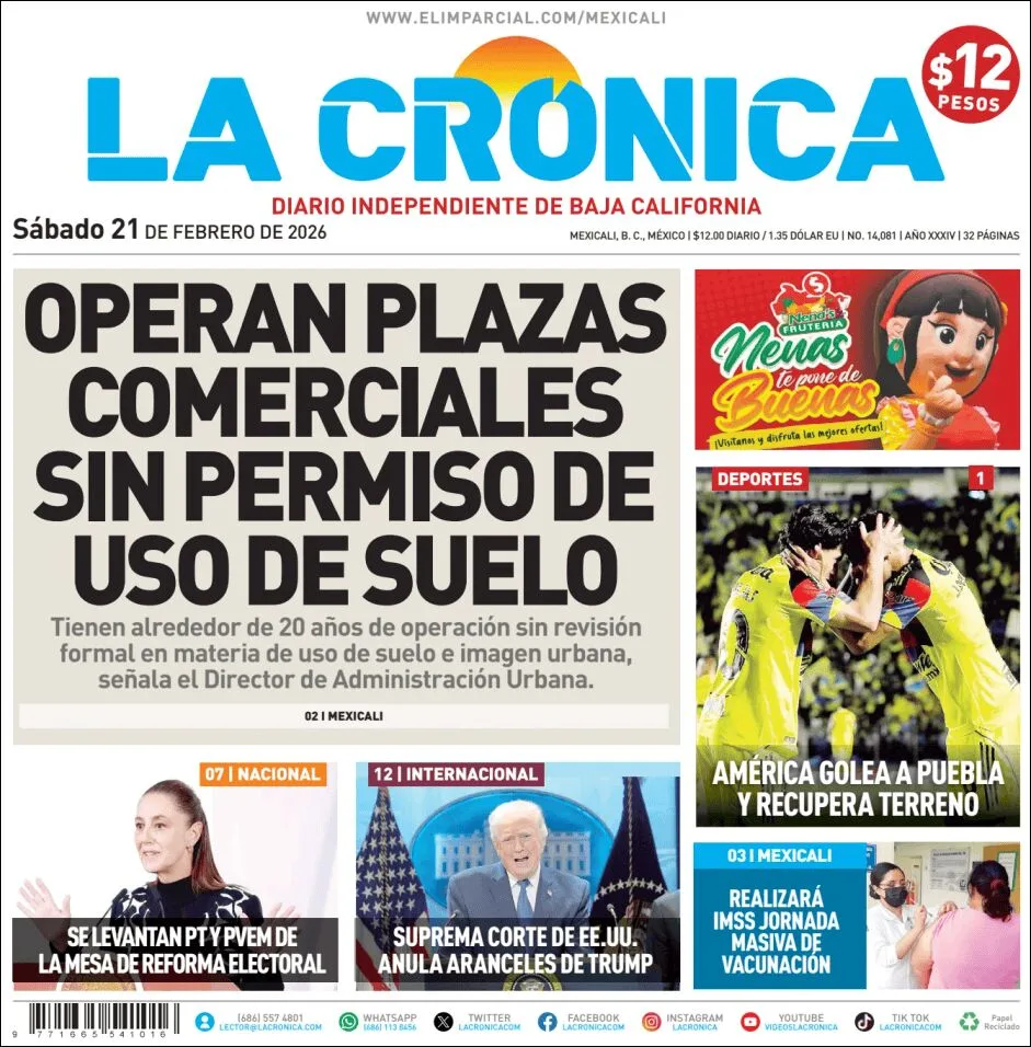 Portada de La Cronica del sábado, 21 de febrero de 2026