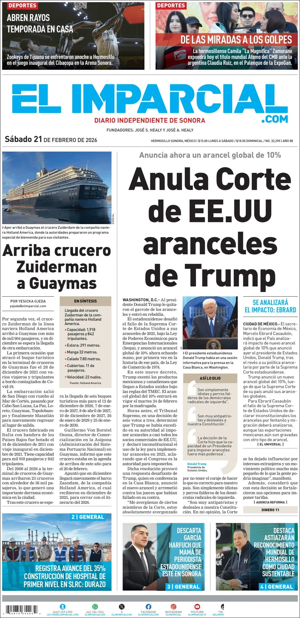 Portada de El Imparcial del sábado, 21 de febrero de 2026