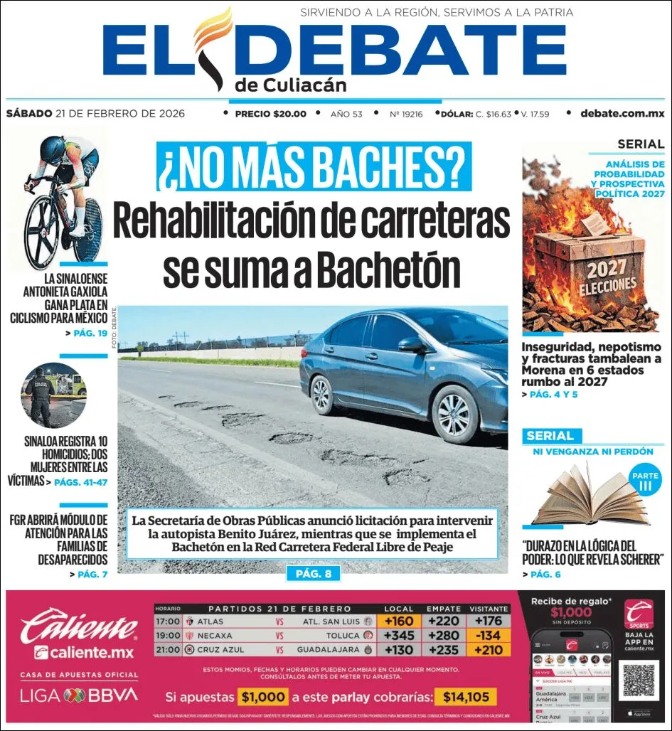 Portada de El Debate de Culiacan del sábado, 21 de febrero de 2026