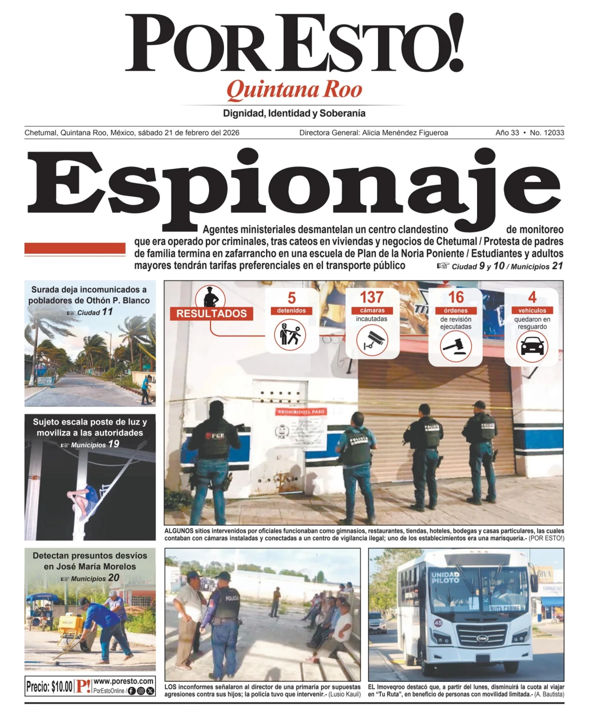 Portada de Por Esto (quintana Roo Chetumal) del sábado, 21 de febrero de 2026