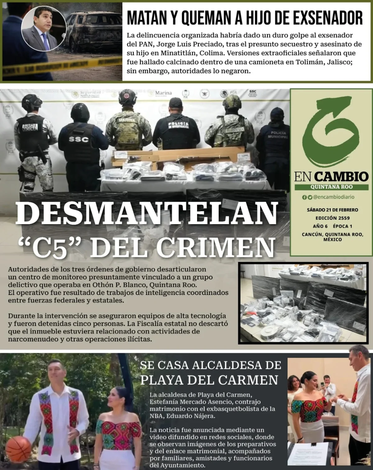 Portada de En Cambio - Quintana Roo (contraportada) del sábado, 21 de febrero de 2026
