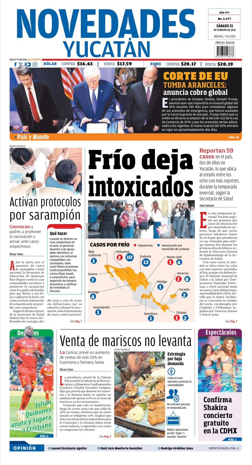 Portada de Novedades Yucatan del sábado, 21 de febrero de 2026