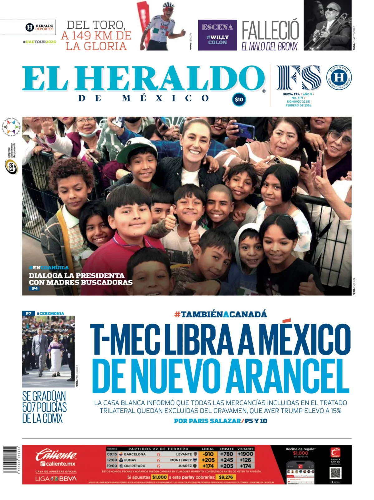 Portada de El Heraldo de Mexico del domingo, 22 de febrero de 2026