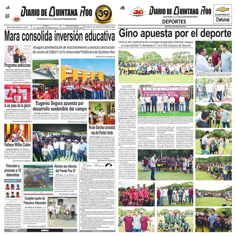 Portada de Diario de Quintana Roo (portada) del domingo, 22 de febrero de 2026