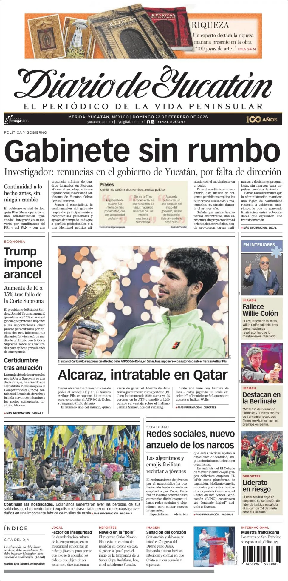 Portada de Diario de Yucatán del domingo, 22 de febrero de 2026