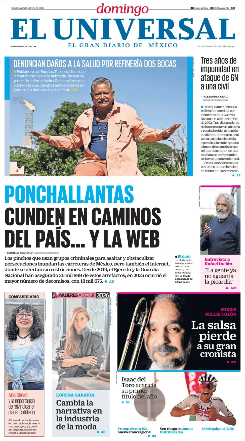 Portada de El Universal del domingo, 22 de febrero de 2026