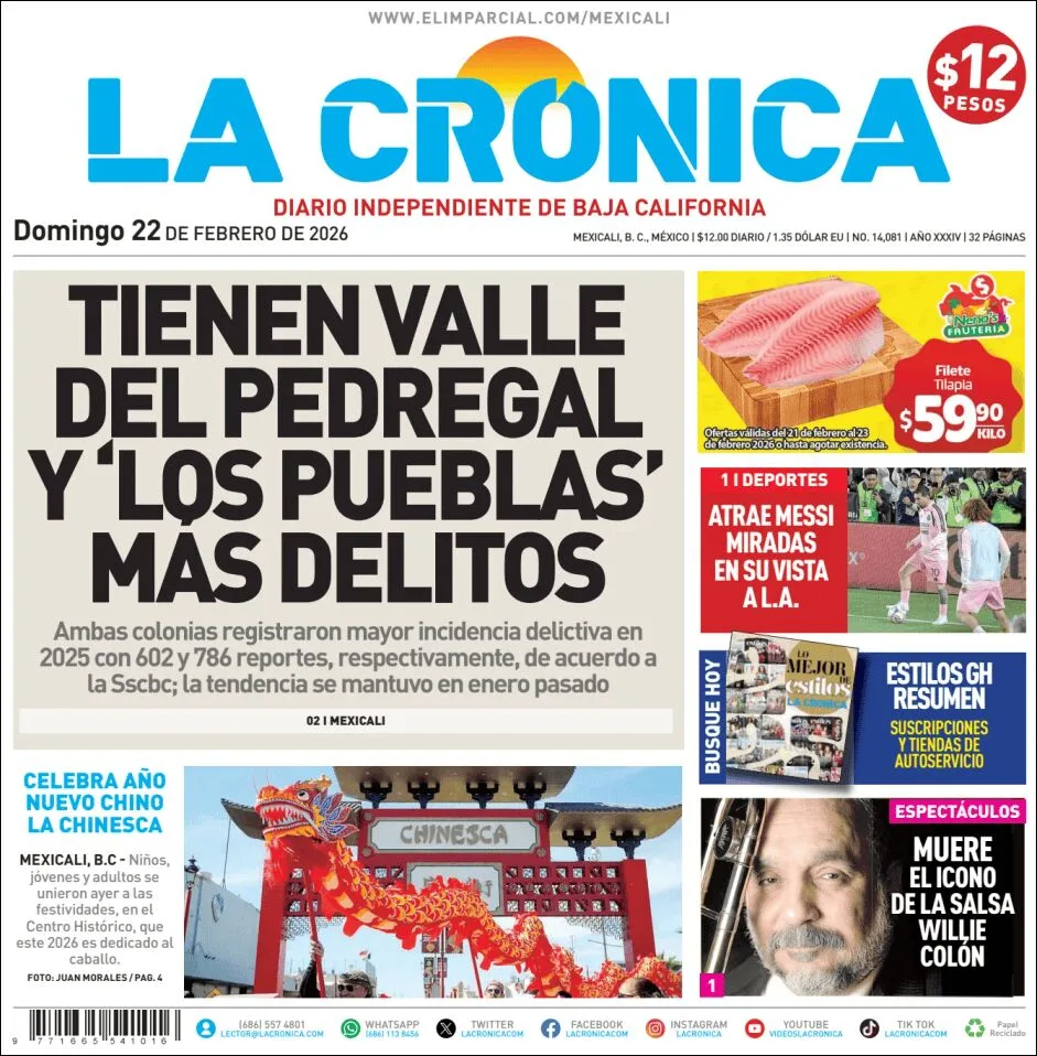 Portada de La Cronica del domingo, 22 de febrero de 2026