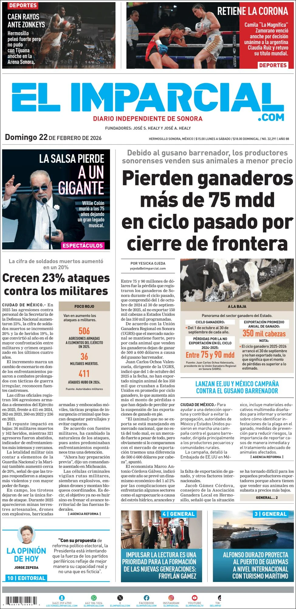 Portada de El Imparcial del domingo, 22 de febrero de 2026
