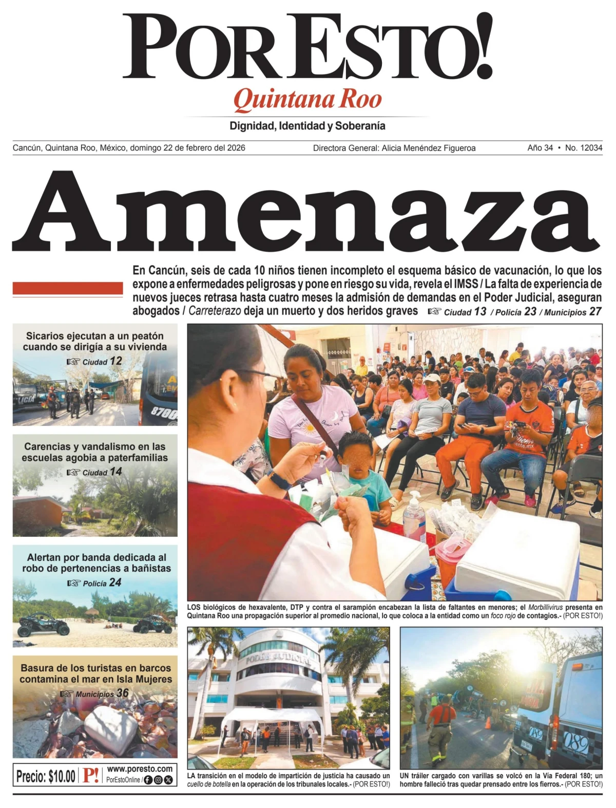 Portada de Por Esto (quintana Roo Cancun) del domingo, 22 de febrero de 2026