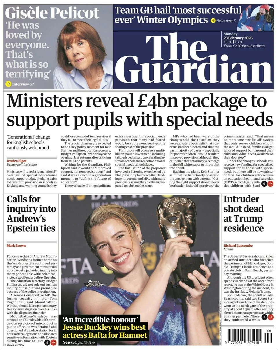 Portada de The Guardian (reino Unido) del lunes, 23 de febrero de 2026