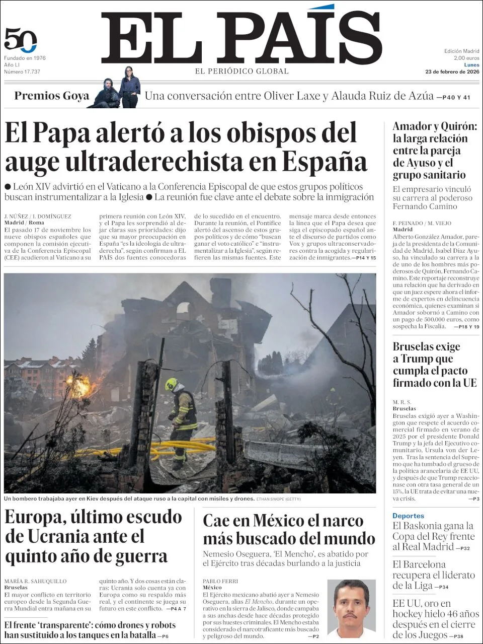 Portada de El Pais del lunes, 23 de febrero de 2026