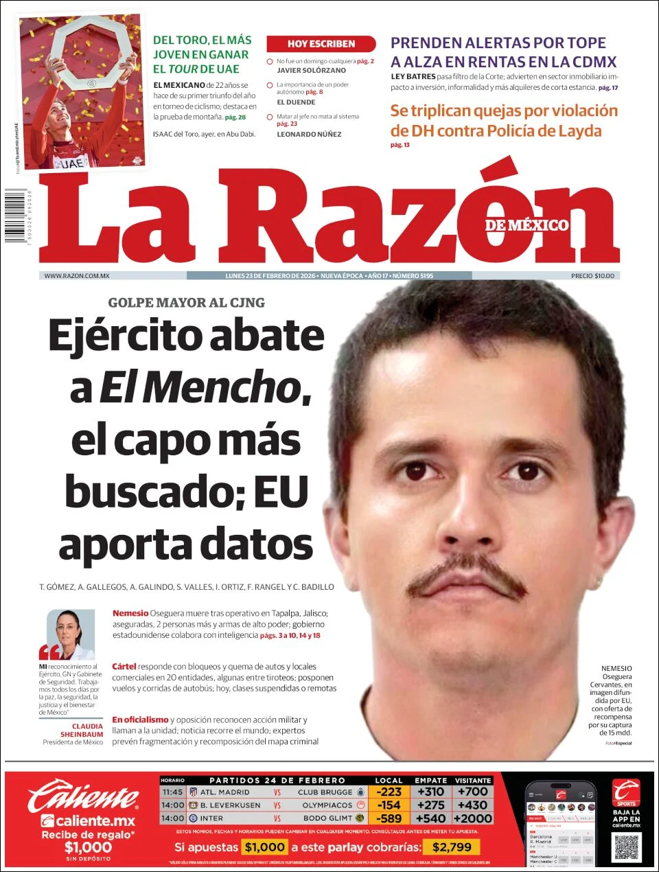 Portada de La Razon del lunes, 23 de febrero de 2026