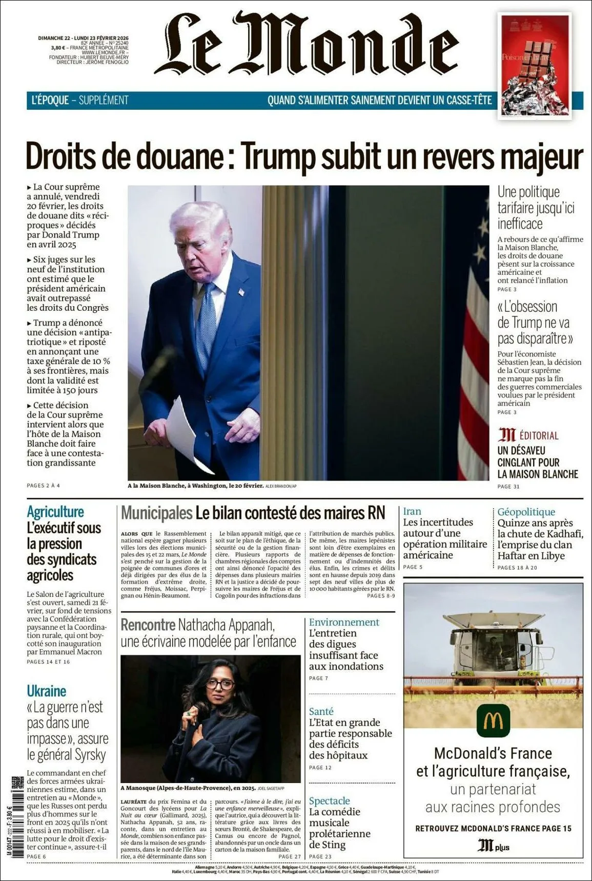 Portada de Le Monde del lunes, 23 de febrero de 2026