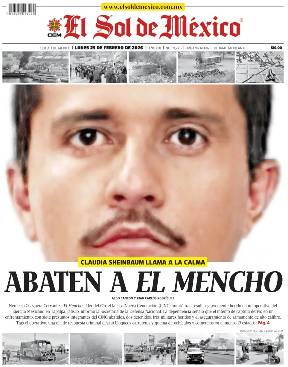 Portada de El Sol de Mexico del lunes, 23 de febrero de 2026
