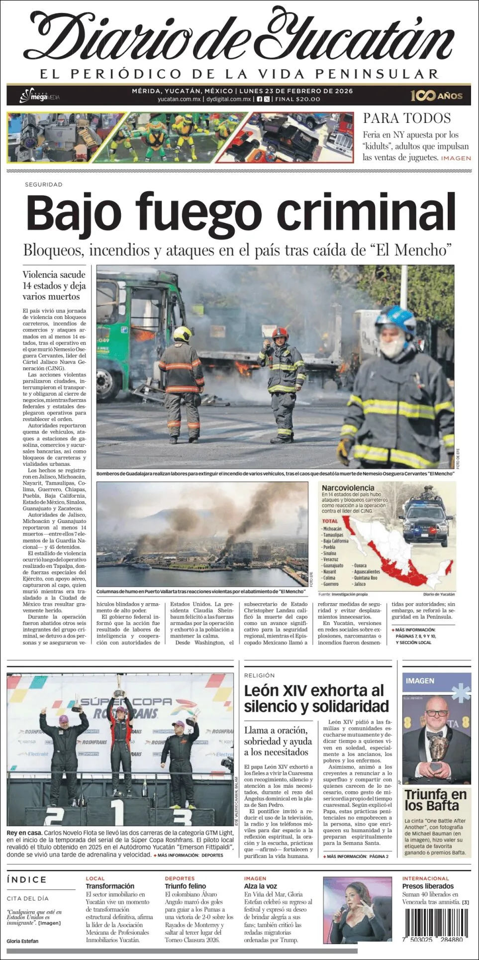 Portada de Diario de Yucatán del lunes, 23 de febrero de 2026