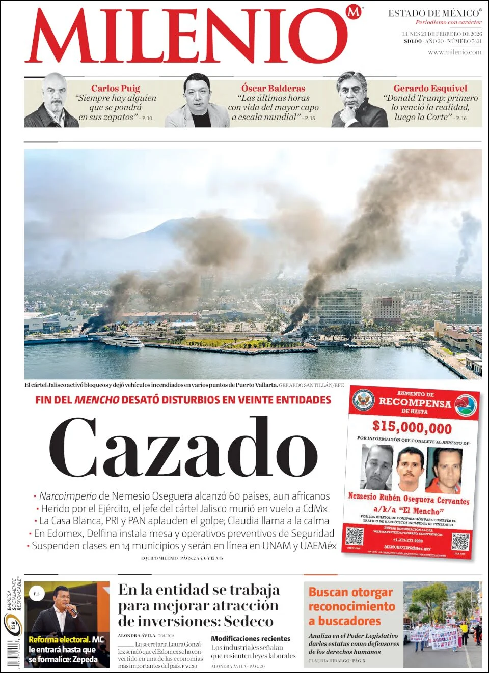 Portada de Milenio Edo de Mexico del lunes, 23 de febrero de 2026