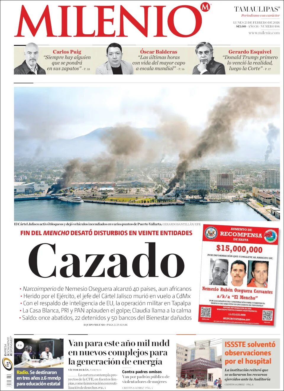 Portada de Milenio Tamaulipas del lunes, 23 de febrero de 2026