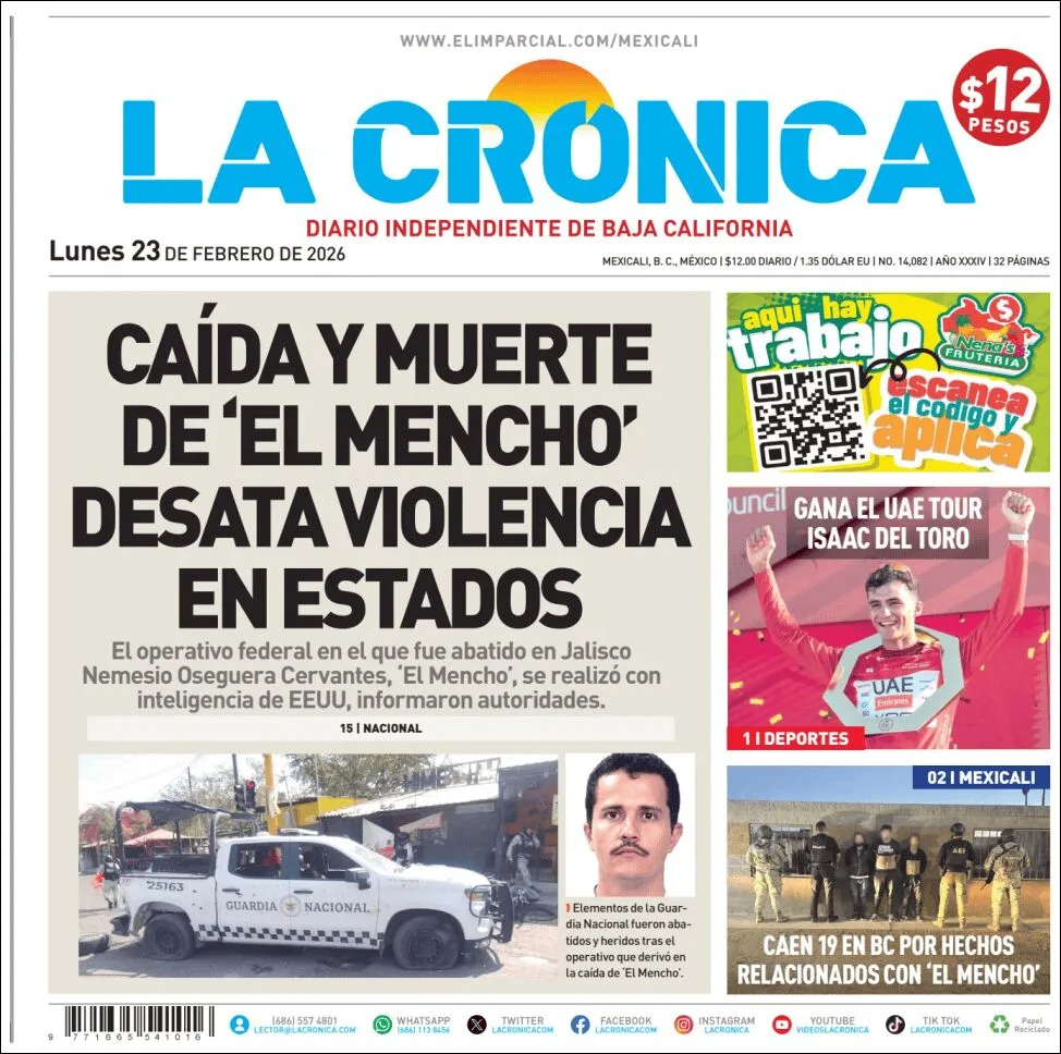 Portada de La Cronica del lunes, 23 de febrero de 2026