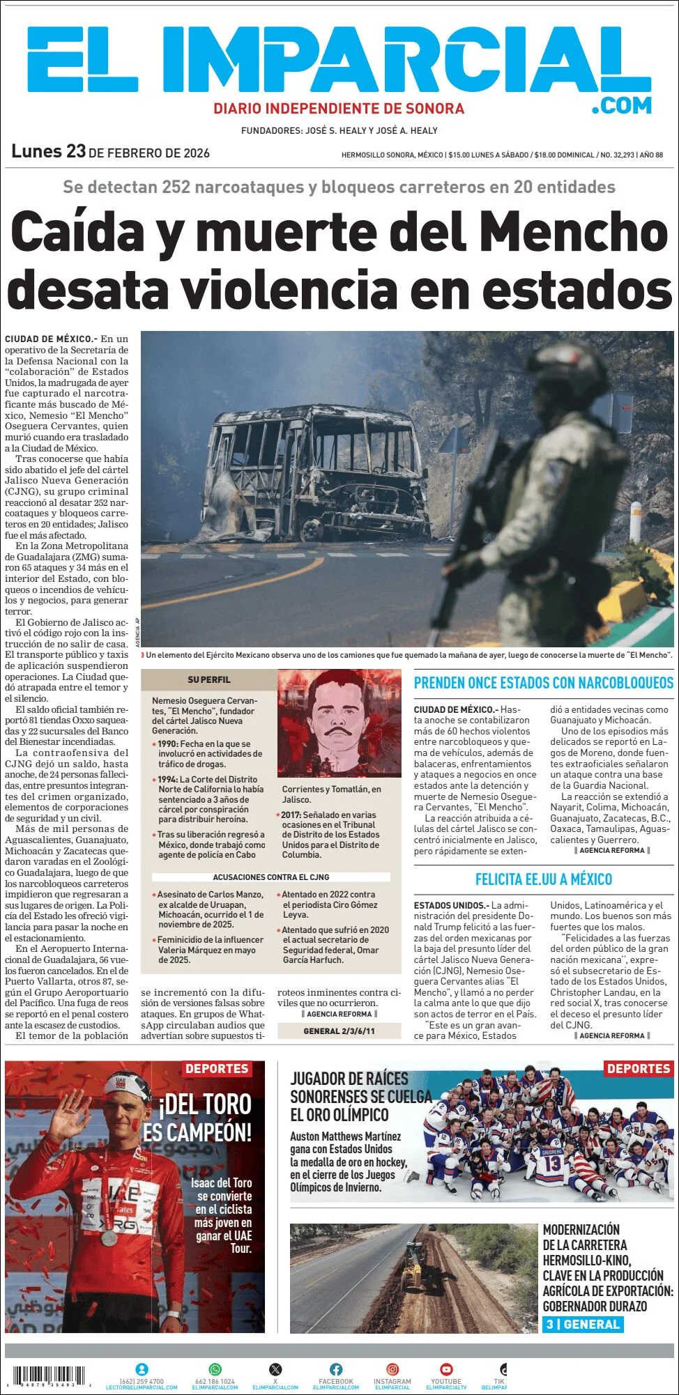 Portada de El Imparcial del lunes, 23 de febrero de 2026