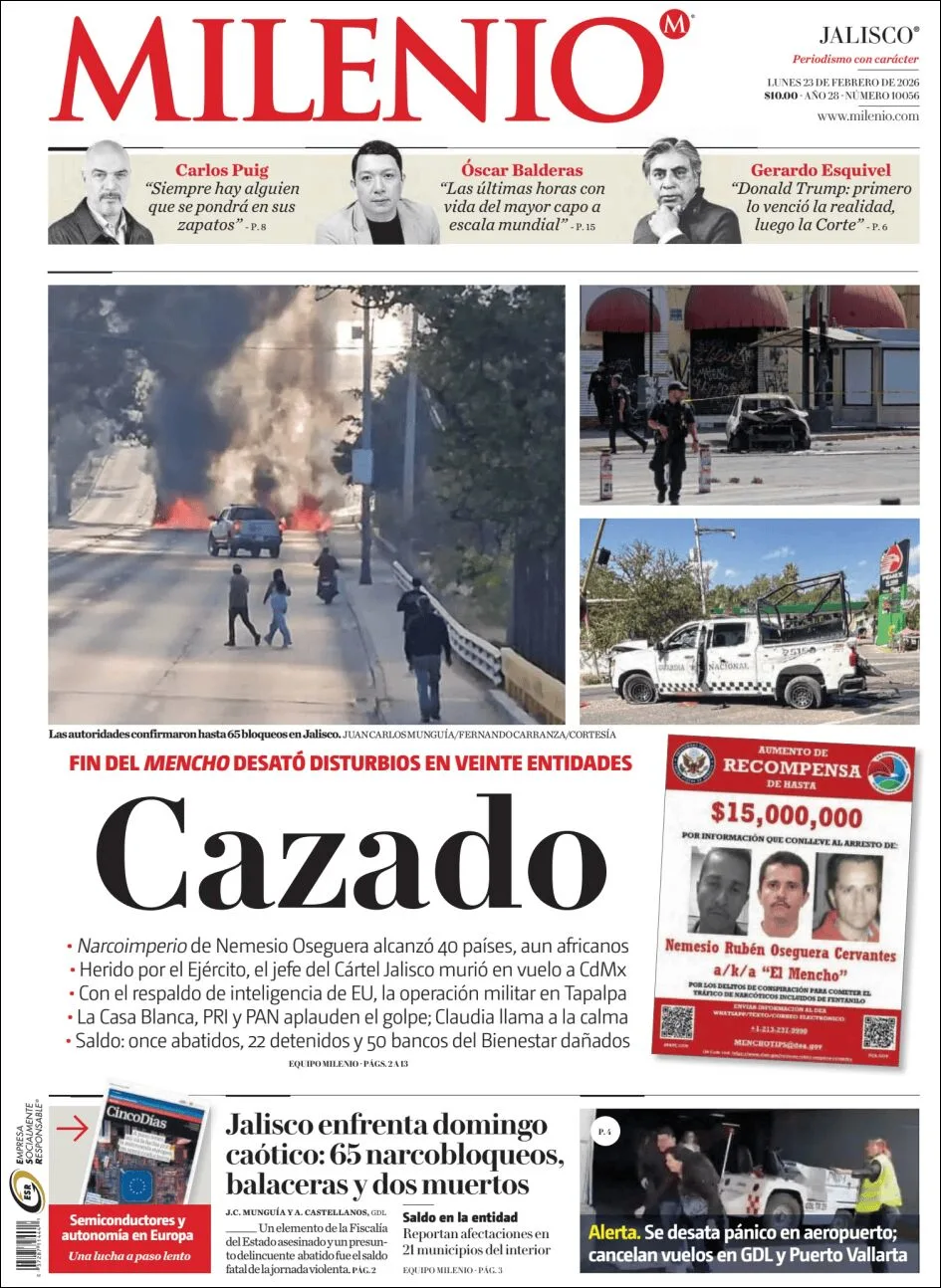 Portada de Milenio Jalisco del lunes, 23 de febrero de 2026