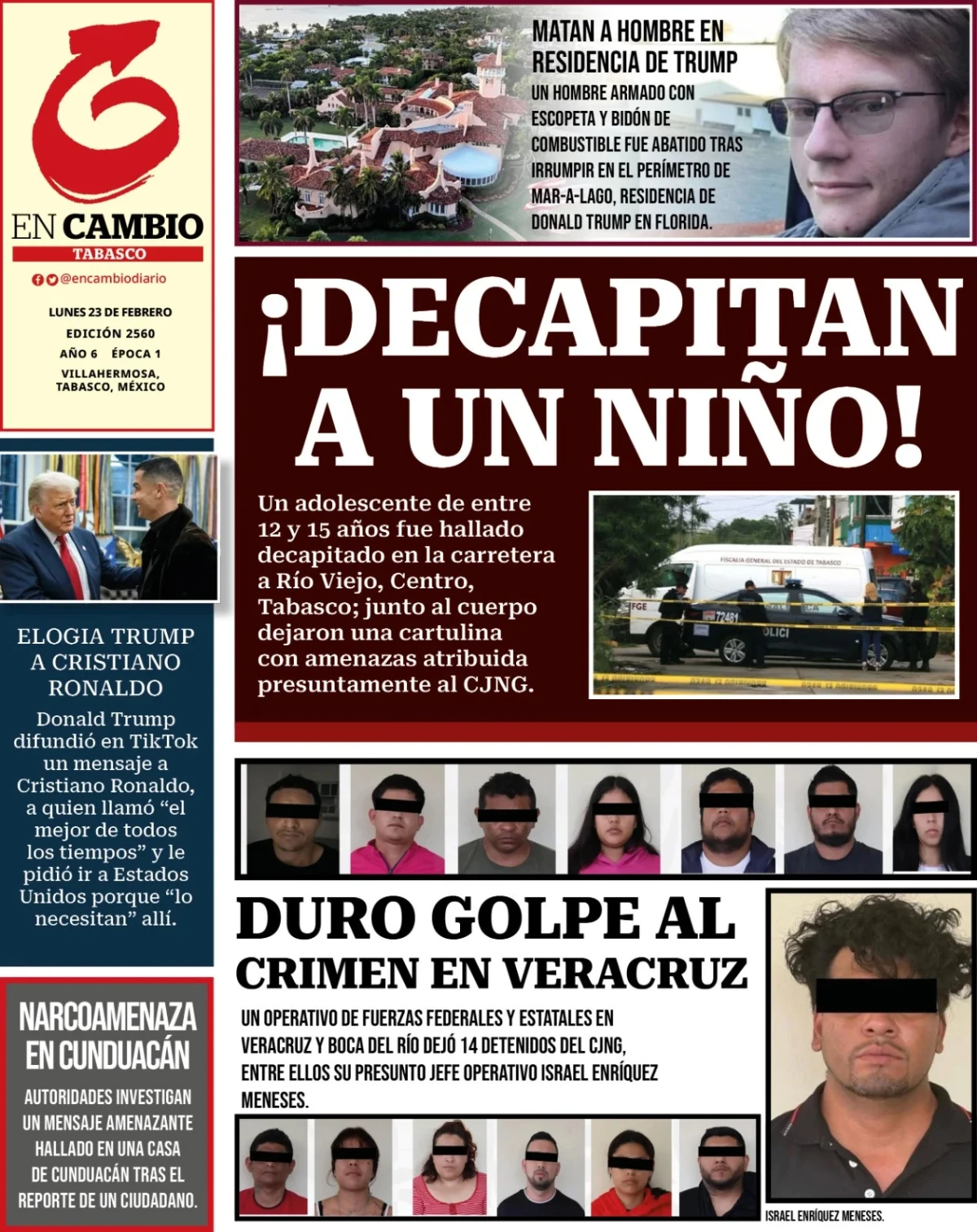 Portada de En Cambio - Tabasco (contraportada) del lunes, 23 de febrero de 2026