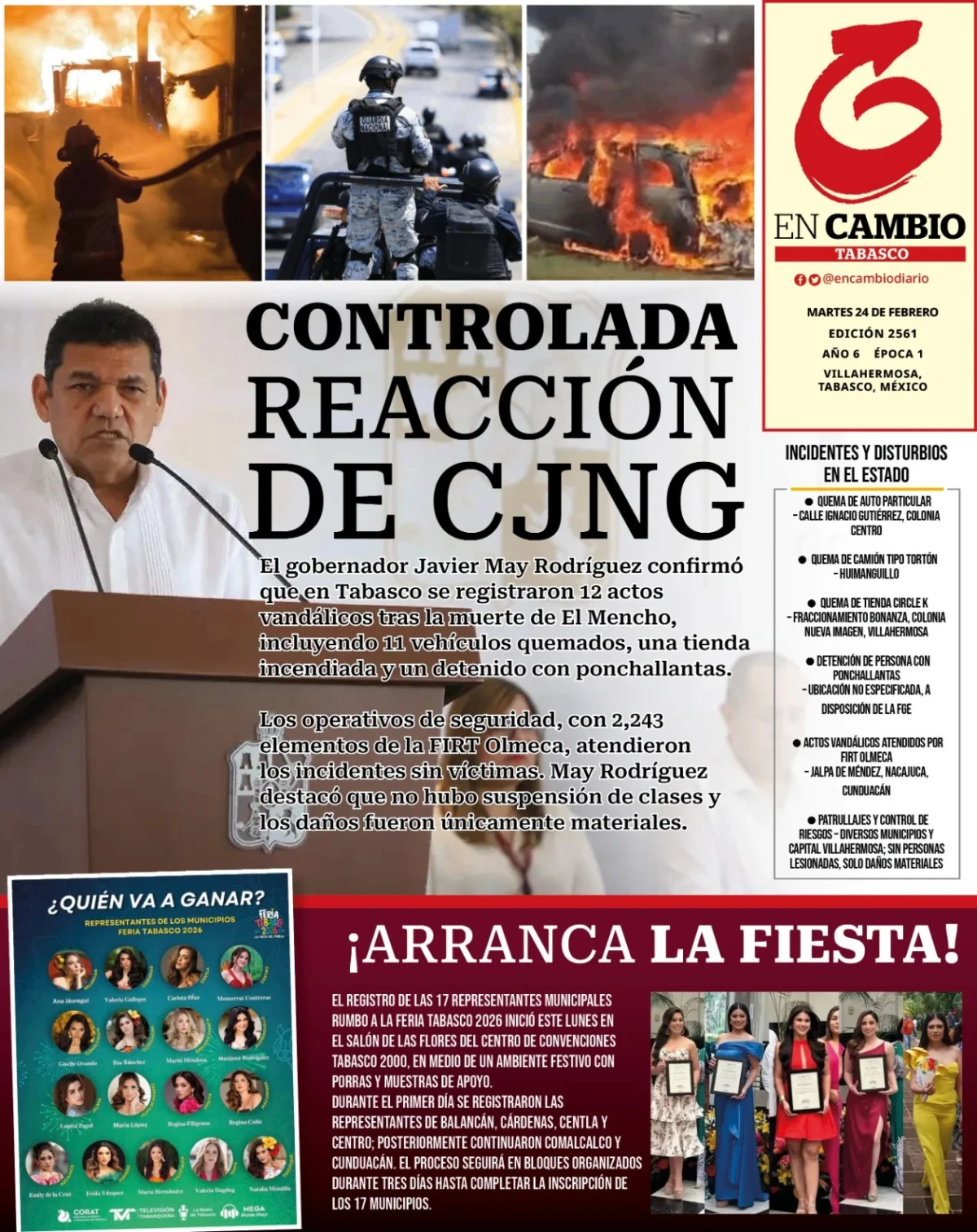 Portada de En Cambio - Tabasco (portada) del martes, 24 de febrero de 2026