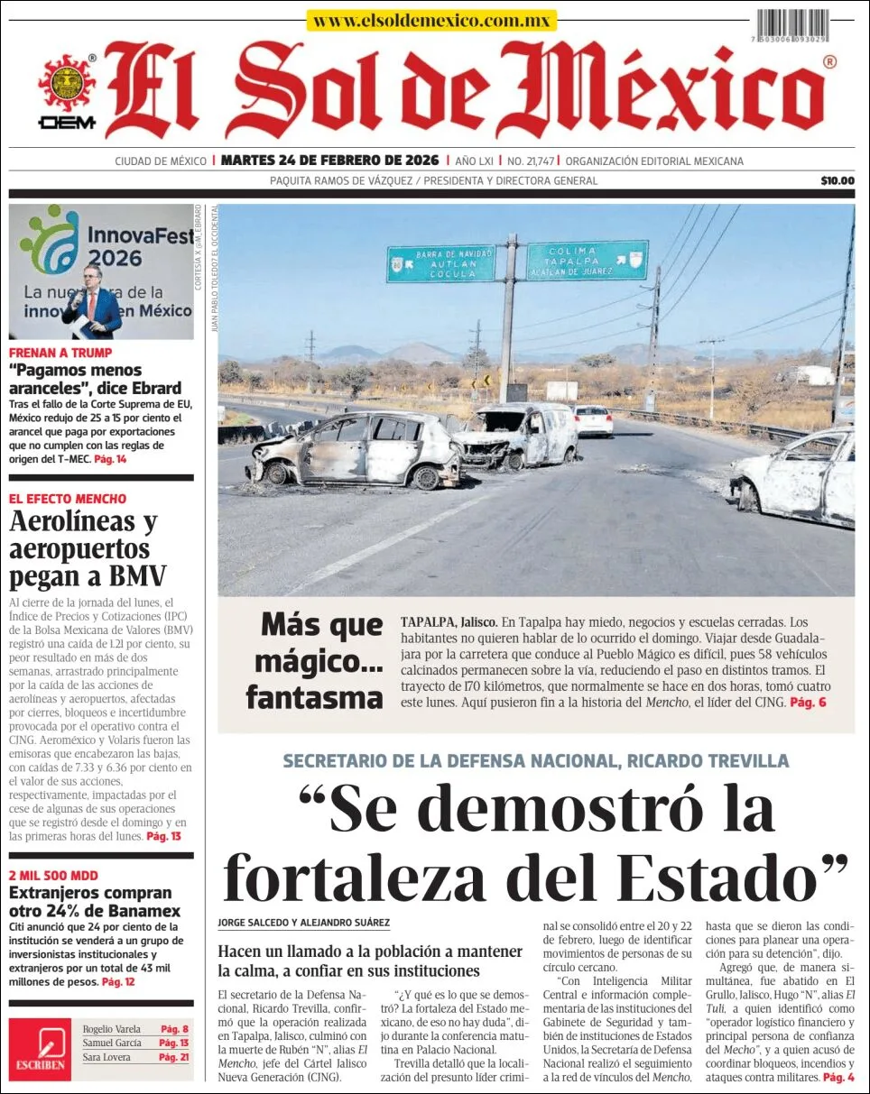 Portada de El Sol de Mexico del martes, 24 de febrero de 2026