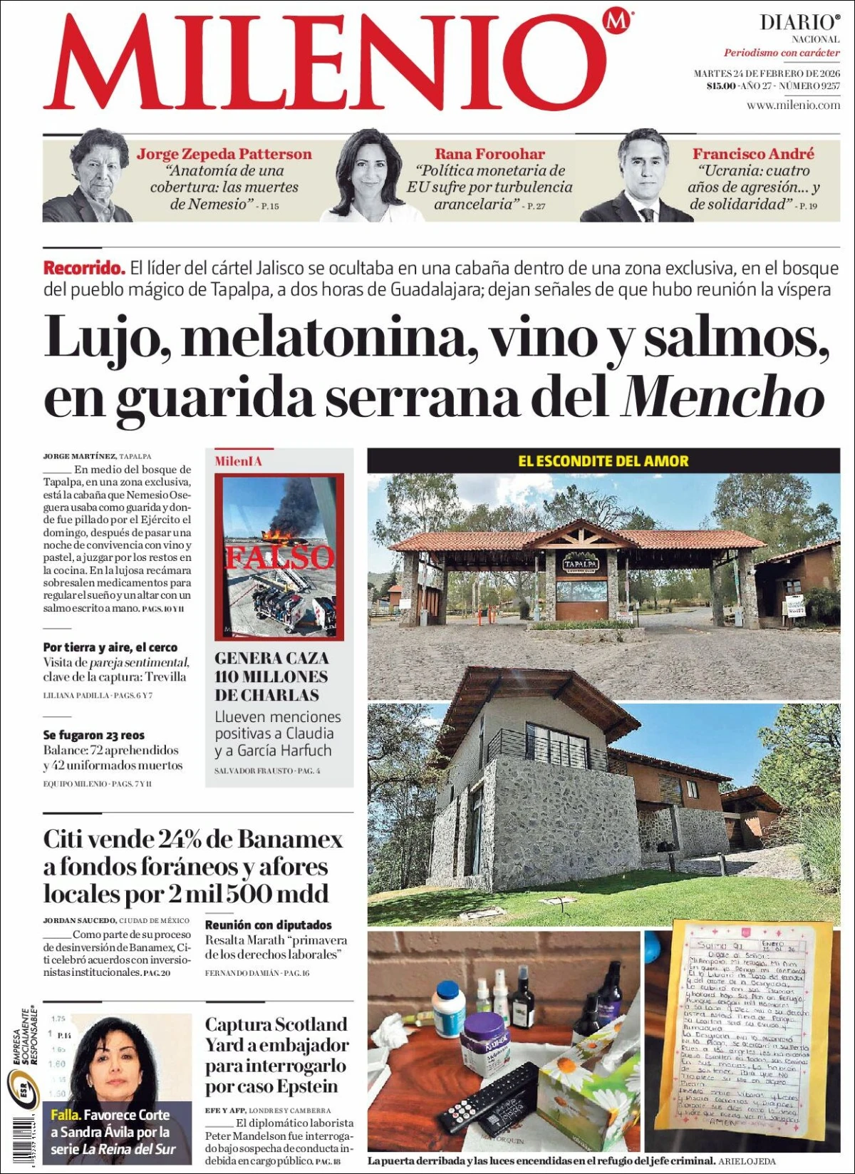 Portada de Milenio del martes, 24 de febrero de 2026