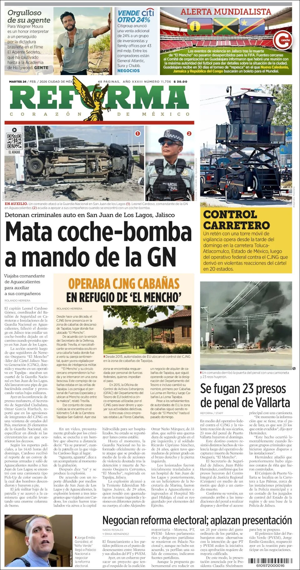 Portada de Reforma del martes, 24 de febrero de 2026