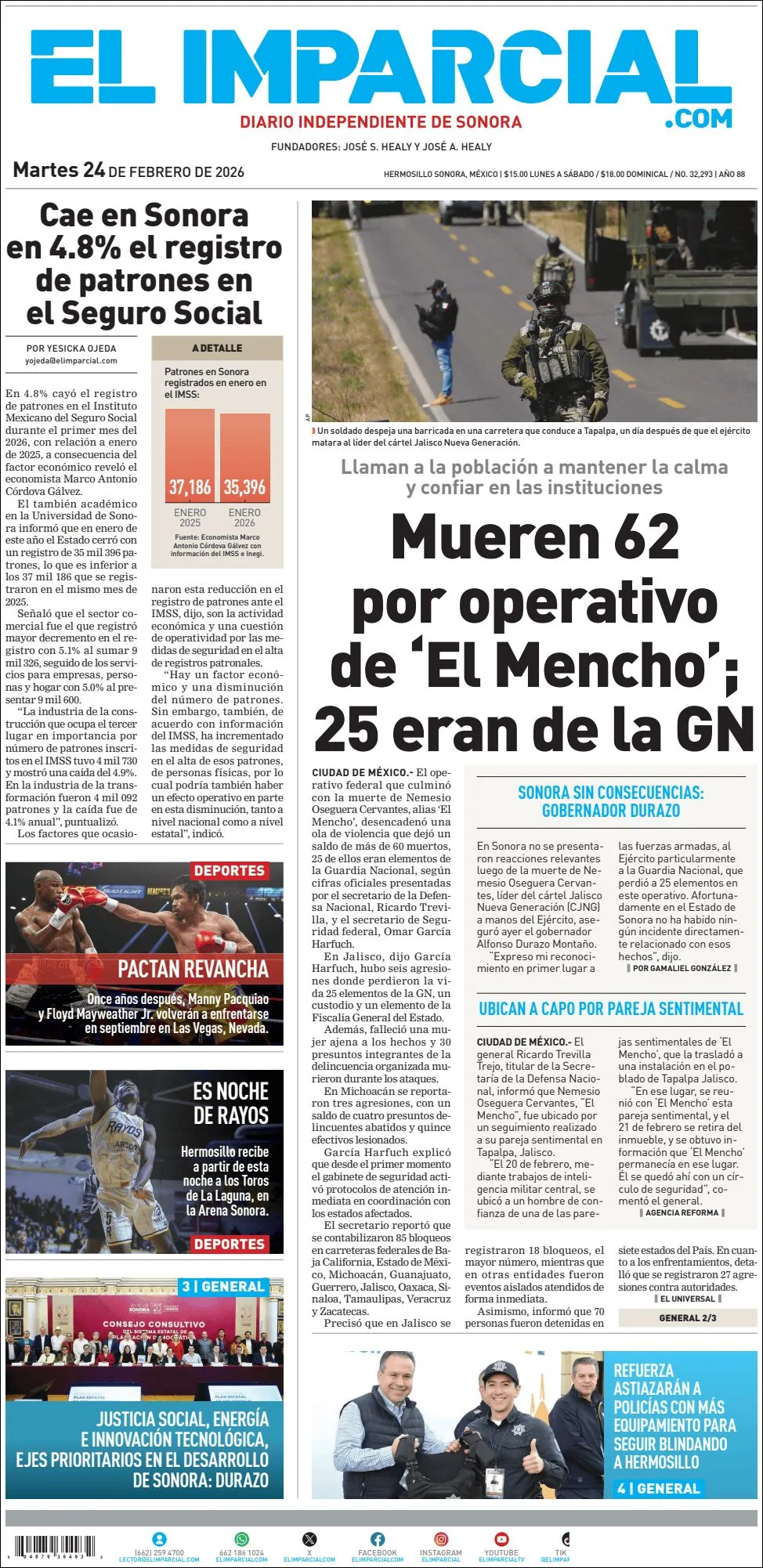 Portada de El Imparcial del martes, 24 de febrero de 2026