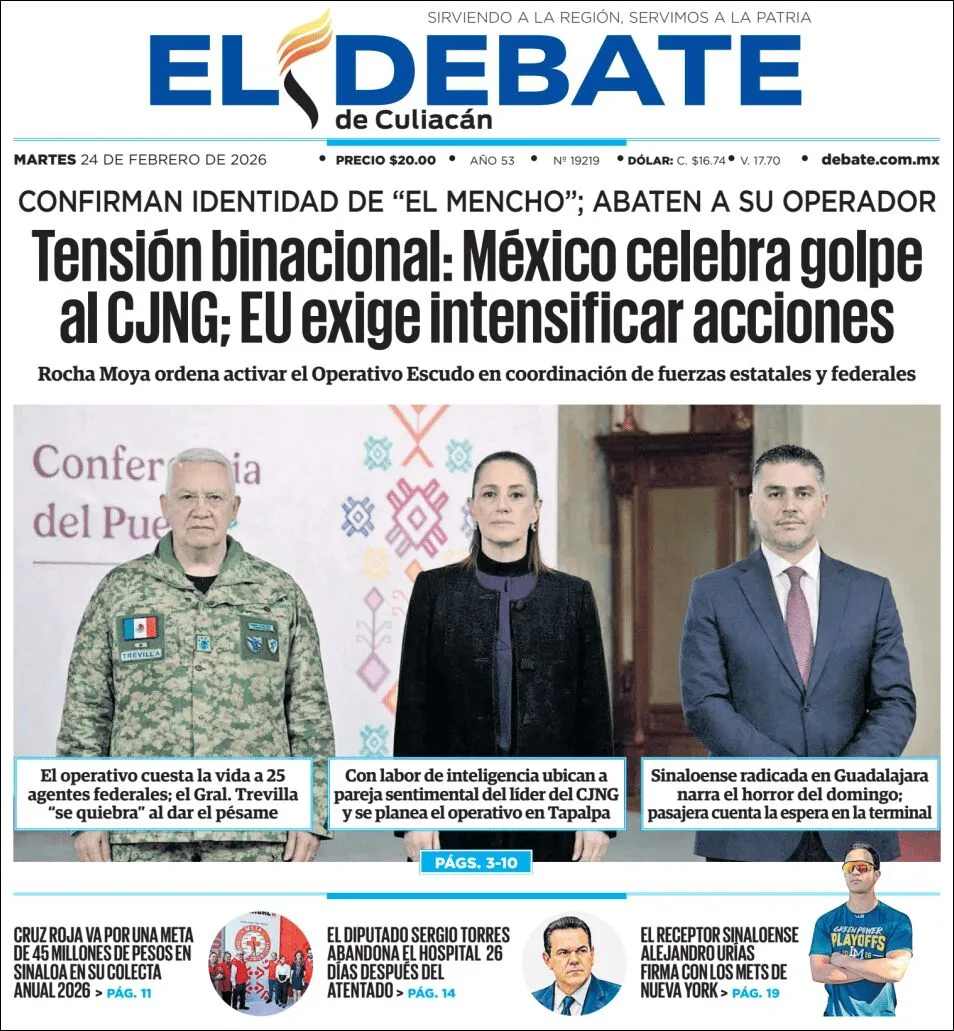 Portada de El Debate de Culiacan del martes, 24 de febrero de 2026