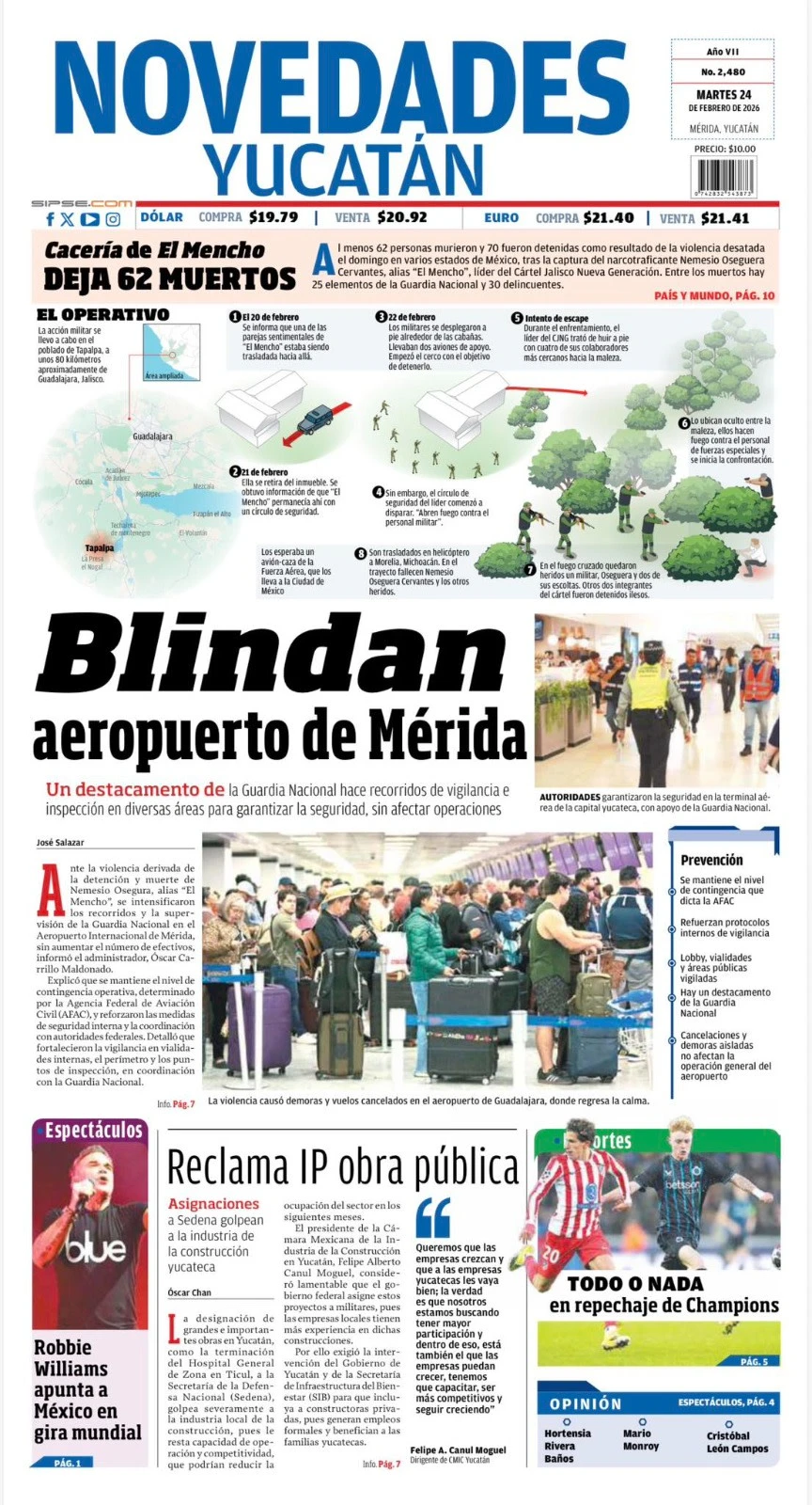 Portada de Novedades Yucatan del martes, 24 de febrero de 2026