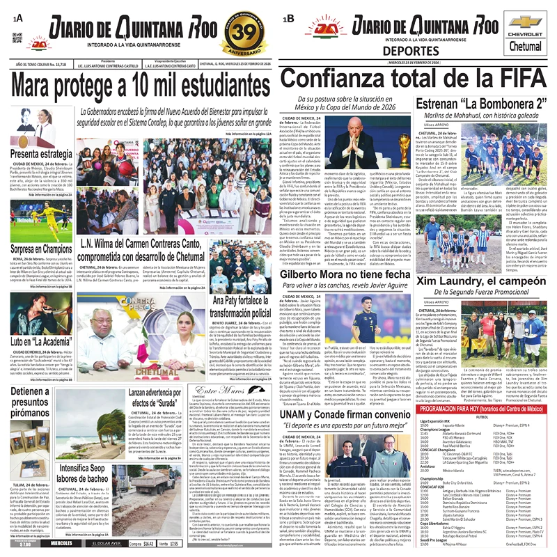 Portada de Diario de Quintana Roo (portada) del miércoles, 25 de febrero de 2026
