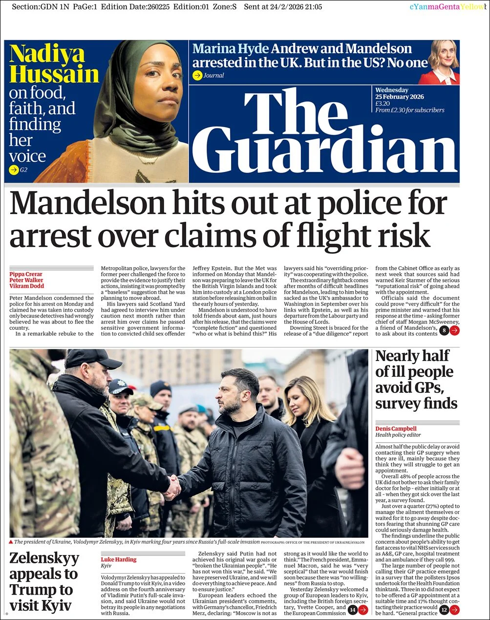Portada de The Guardian (reino Unido) del miércoles, 25 de febrero de 2026