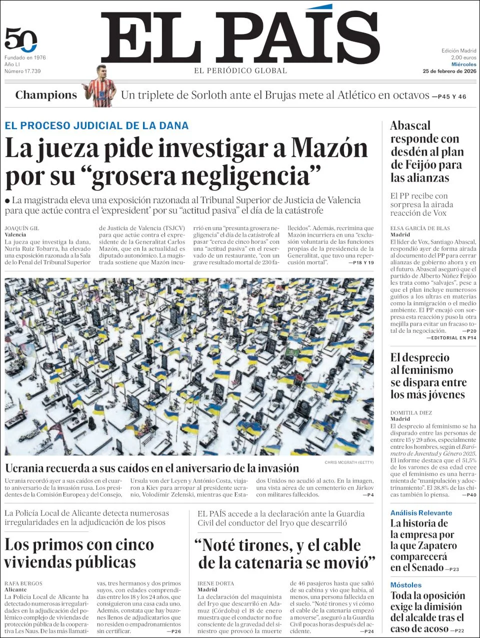 Portada de El Pais del miércoles, 25 de febrero de 2026
