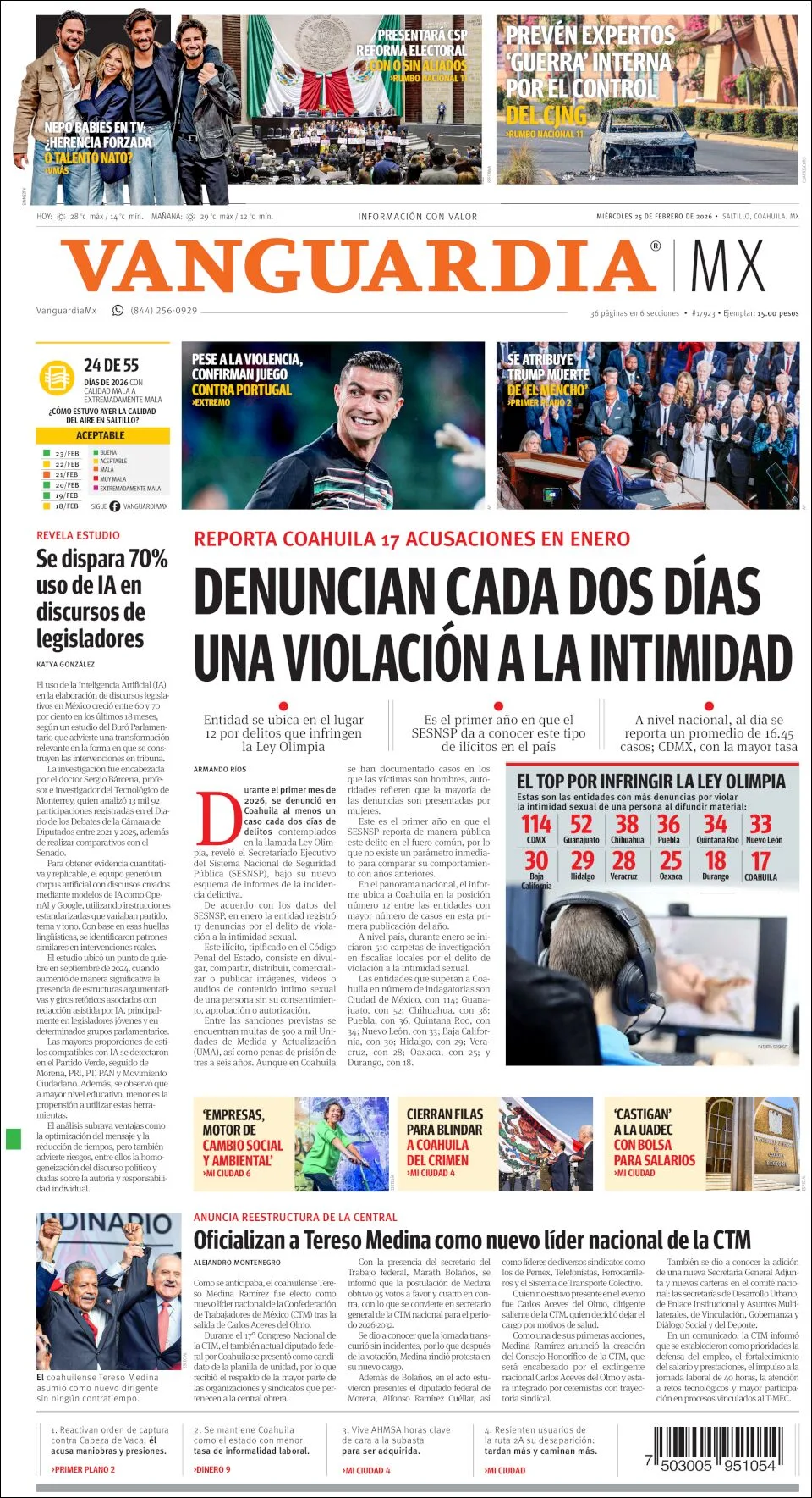 Portada de Vanguardia del miércoles, 25 de febrero de 2026