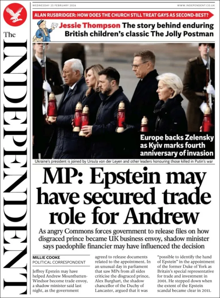 Portada de The Independent del miércoles, 25 de febrero de 2026