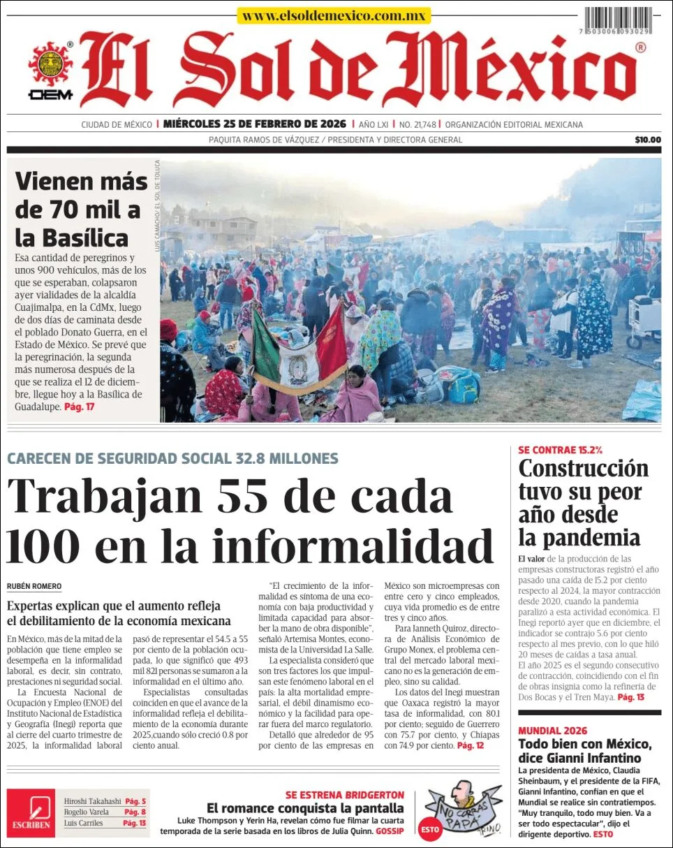 Portada de El Sol de Mexico del miércoles, 25 de febrero de 2026