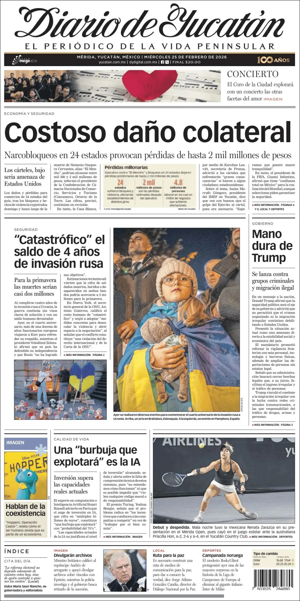 Portada de Diario de Yucatán del miércoles, 25 de febrero de 2026