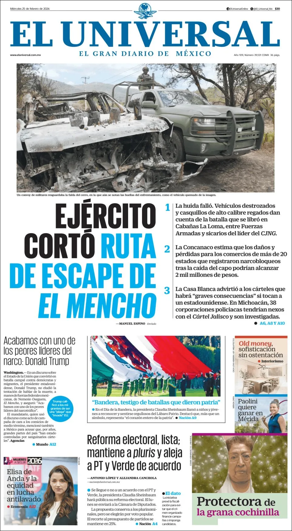 Portada de El Universal del miércoles, 25 de febrero de 2026