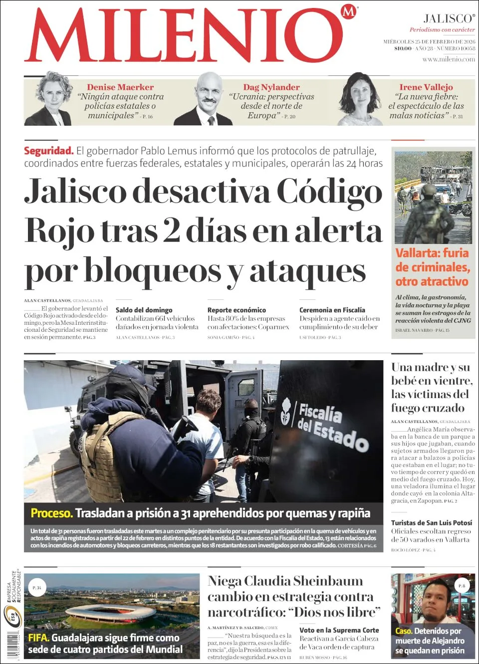 Portada de Milenio Jalisco del miércoles, 25 de febrero de 2026