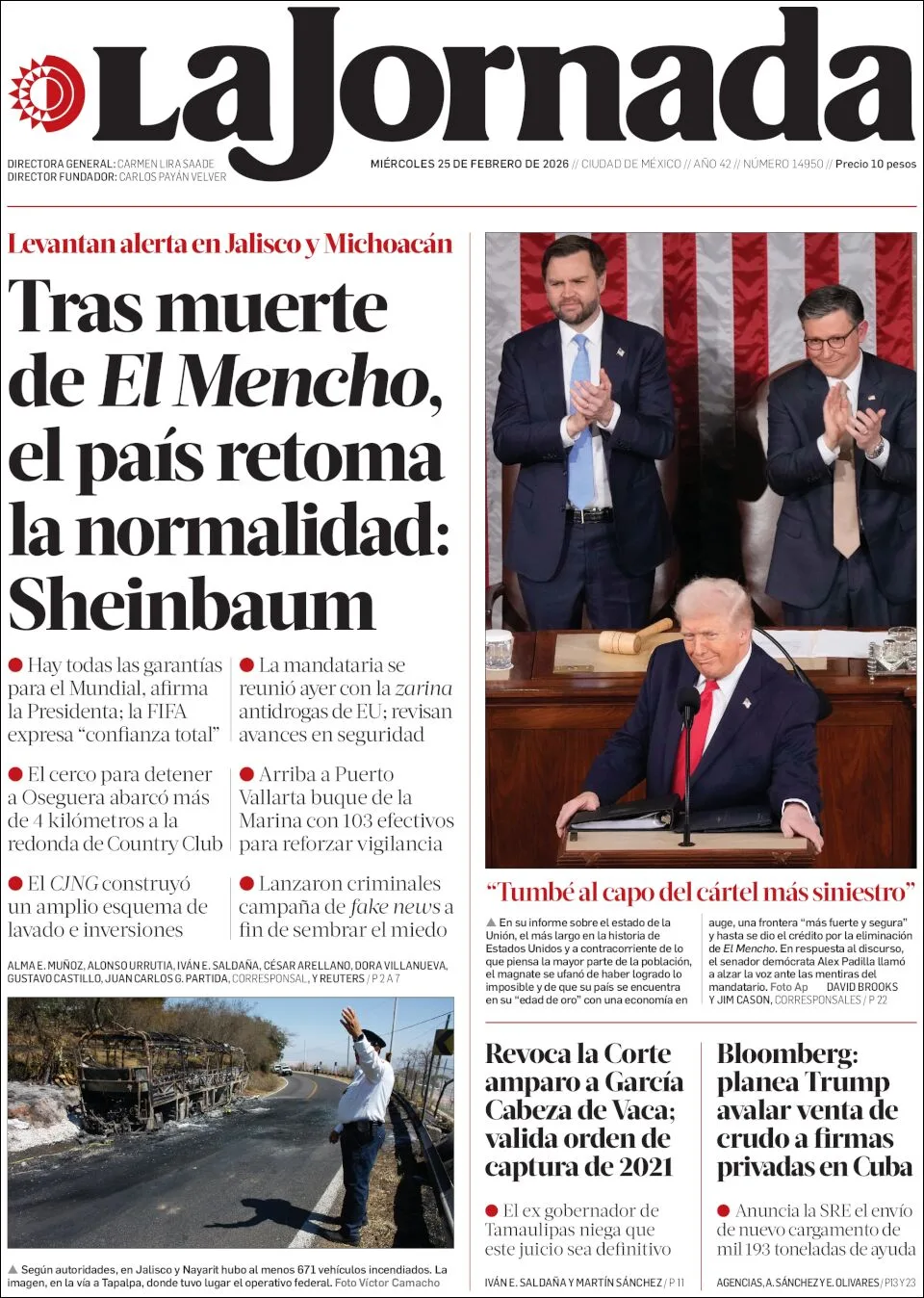 Portada de La Jornada del miércoles, 25 de febrero de 2026